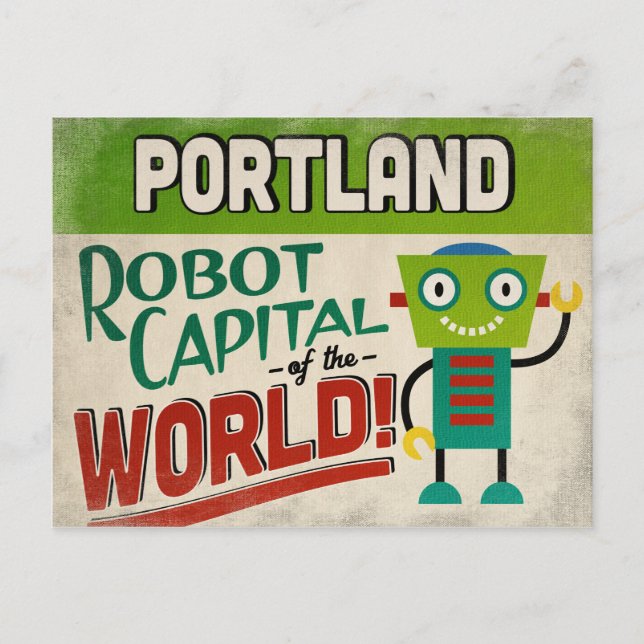 Portland Oregon Robot - Funny Vintag Postkarte (Vorderseite)
