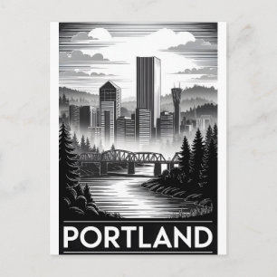 Portland Oregon Skyline Schwarz Weiß Holzschnitt Feiertagspostkarte