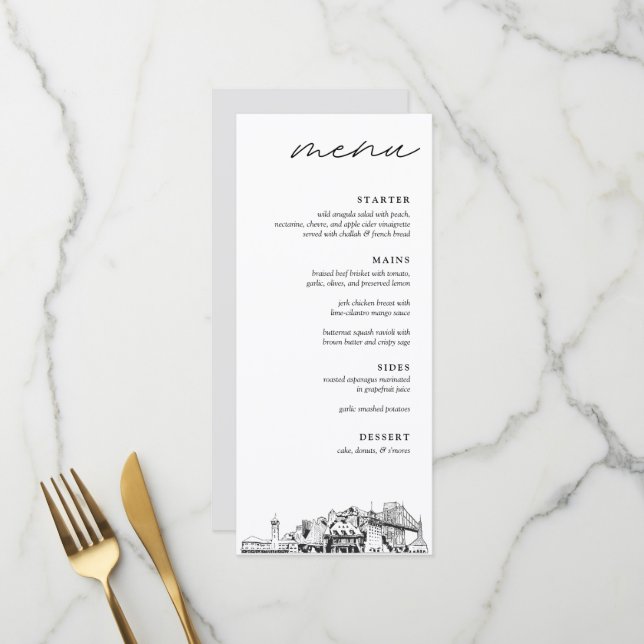 Portland Skyline Sketch Wedding Dinner Menu Menükarte (Vorderseite/Rückseite Beispiel)
