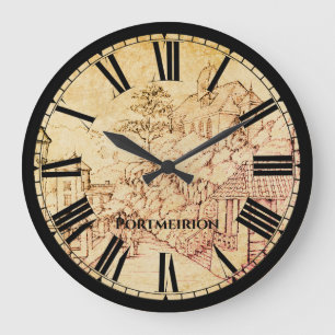 Portmeirion Nordwales Feder-und-Tinte-Skizze Große Wanduhr