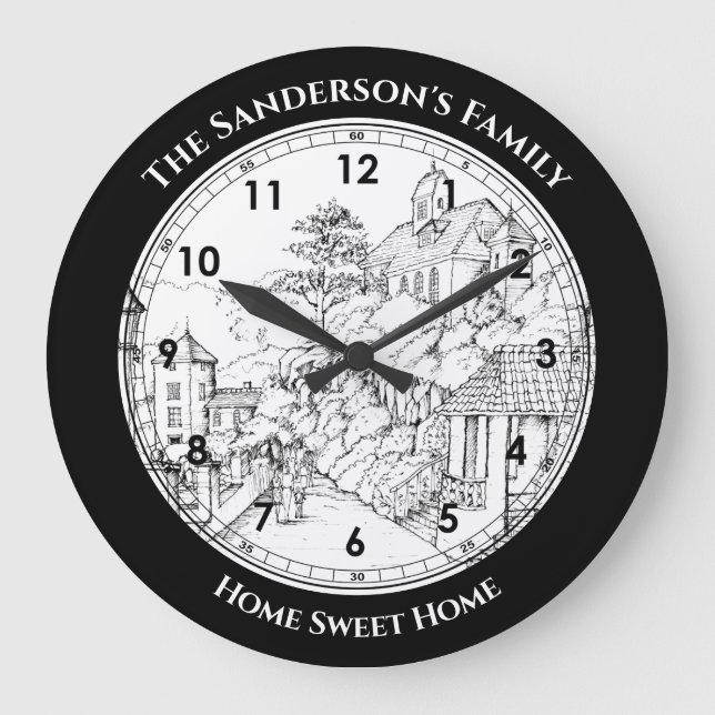 Portmeirion North Wales Pen und Tintenzeichnung Große Wanduhr (Vorderseite)