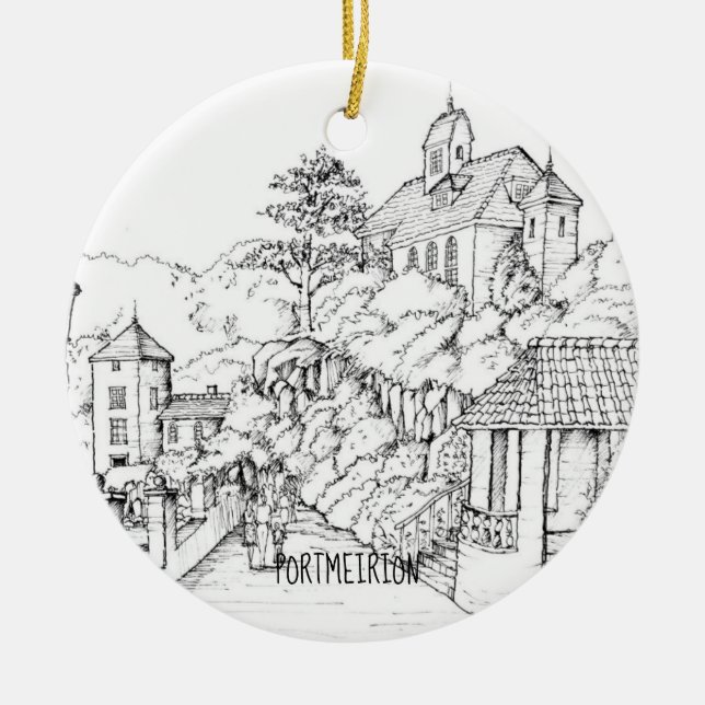 Portmeirion North Wales Pen und Tintenzeichnung Keramikornament (Vorne)