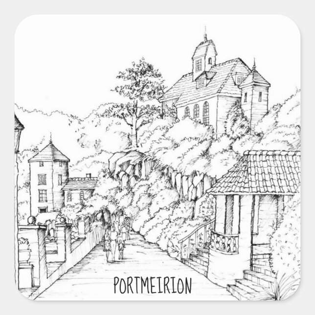 Portmeirion North Wales Pen und Tintenzeichnung Quadratischer Aufkleber (Vorderseite)