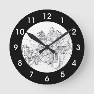 Portmeirion North Wales Pen und Tintenzeichnung Runde Wanduhr