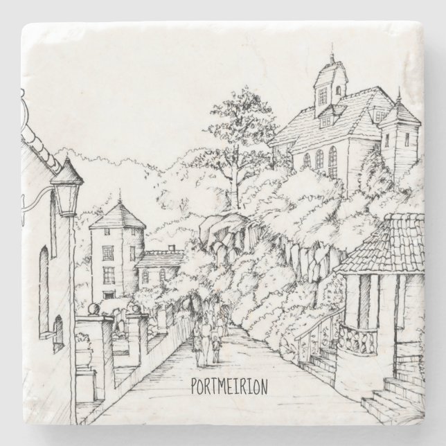 Portmeirion North Wales Pen und Tintenzeichnung Steinuntersetzer (Vorderseite)