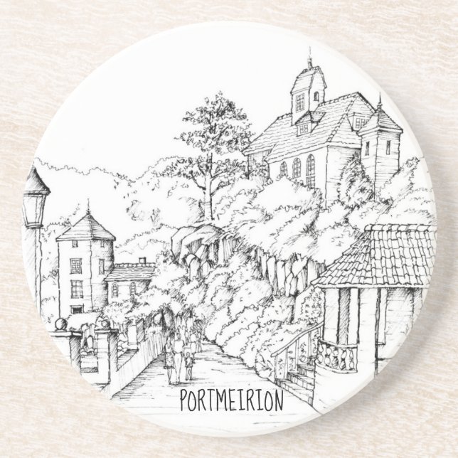 Portmeirion North Wales Pen und Tintenzeichnung Untersetzer (Vorne)