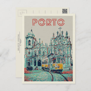 Porto-Straßenbahn und Kirchenillustrierung Portuga Postkarte