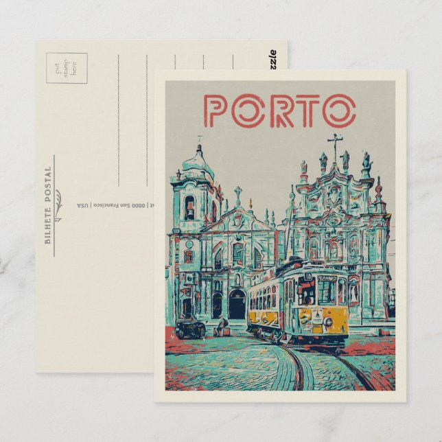 Porto-Straßenbahn und Kirchenillustrierung Portuga Postkarte (Vorne/Hinten)