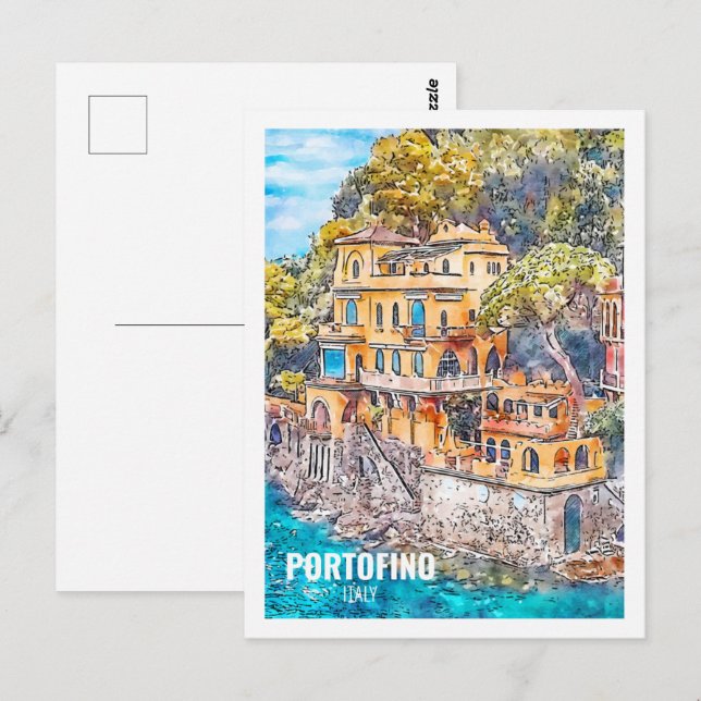 Portofino Italien Berühmte Wasserfarbenskizze Postkarte (Vorne/Hinten)