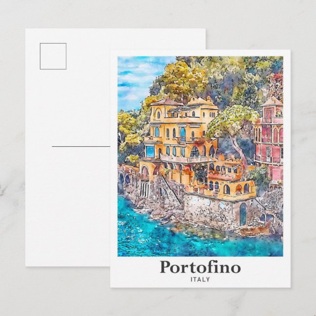 Portofino Italien Reisen Wasserfarbenhandzeichnung Postkarte (Vorne/Hinten)