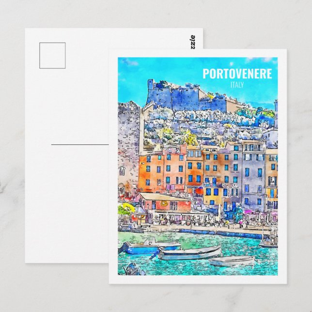 Portovenere Italien Berühmte Wasserfarbskizze Postkarte (Vorne/Hinten)
