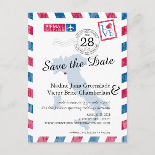 Portovenere Italy Red Blue Airmail Save the Date Ankündigungspostkarte