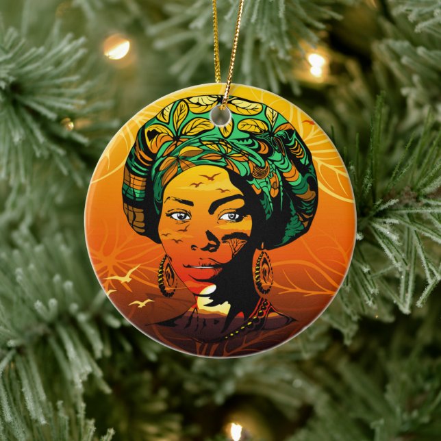 Portrait afrikanischer Frauen mit Sonnenuntergang Keramik Ornament (Baum)