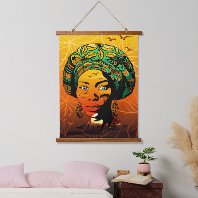 Portrait afrikanischer Frauen mit Sonnenuntergang Wandteppich Mit Holzrahmen (Schlafzimmer)