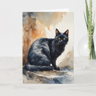 Portrait aquarelle de chat noir Carte de vœux vier