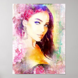 Portrait-Aquarelle-Femme-Fleur Poster