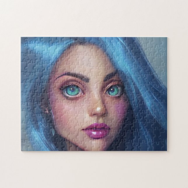 Portrait Blue Hair Green Eyes Lächeln Junge Frau (Horizontal)