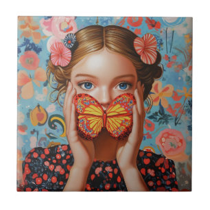 Portrait Butterfly Girl in einem floralen Wunderla Fliese