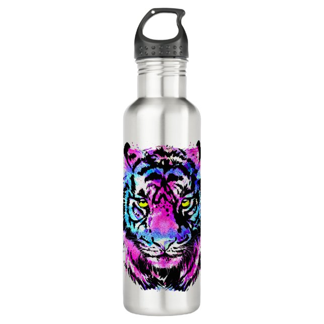 Portrait de tête de tigre rose Neon - Bouteille d' (Devant)
