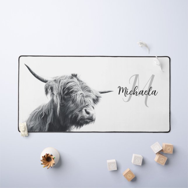 Portrait de vache Highland premier monogramme noir (Tableau pour enfants)