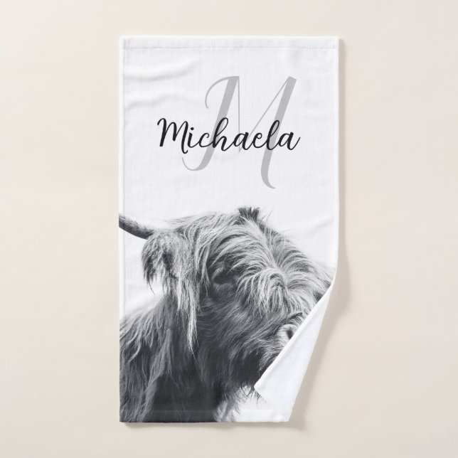 Portrait de vache Highland premier monogramme noir (Serviette à main)