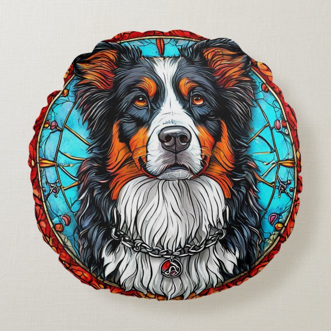 Portrait "Dog Artistic Stached Glass" Rundes Kissen (Vorderseite)