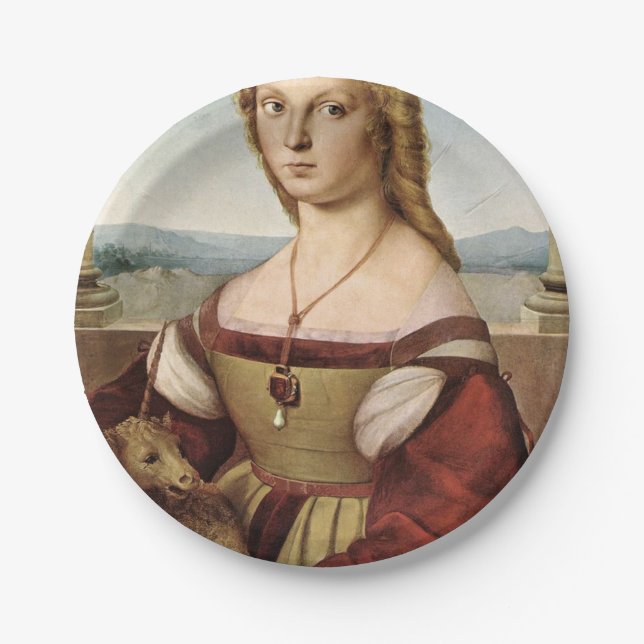 Portrait einer Dame mit Einhorn (von Raphael) Pappteller (Vorderseite)