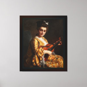 Portrait einer jungen Frau, die Gitarre spielt von Leinwanddruck