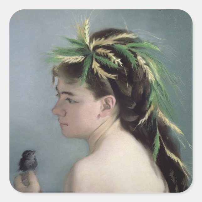 Portrait eines Girls mit Sparrow Quadratischer Aufkleber (Vorderseite)