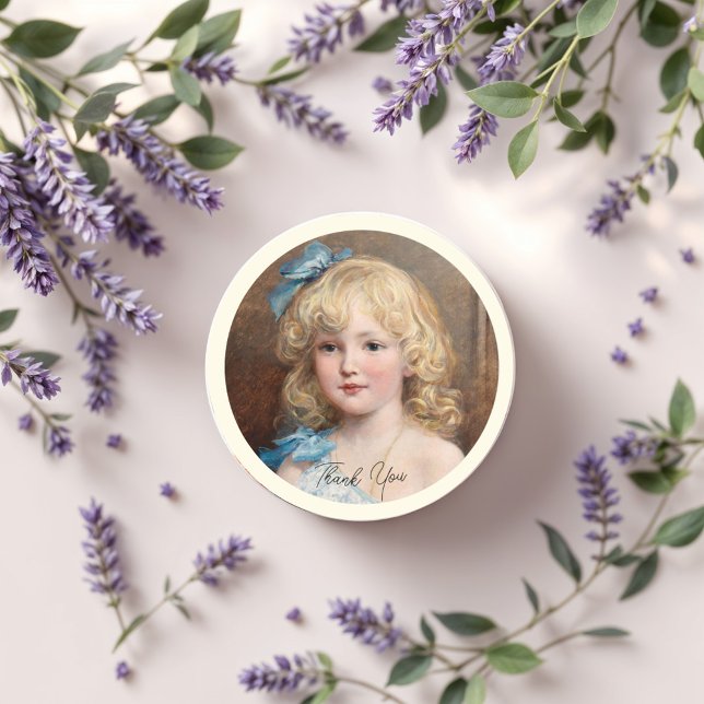Portrait eines Mädchens in einem blauen Kleid, Fin Runder Aufkleber (Von Creator hochgeladen)