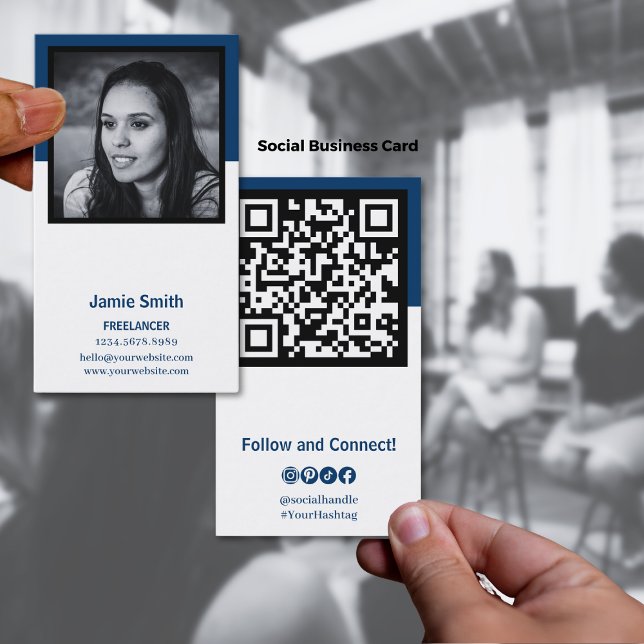 Portrait Foto Social Black, Blue & White Visitenkarte (Portrait Photo Social Black, Blue & White Business Card)