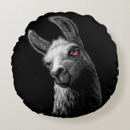 Portrait Head Niedlich Llama auf schwarzem Hinterg Rundes Kissen
