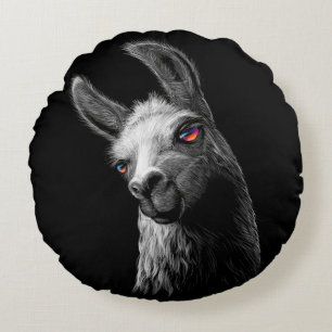 Portrait Head Niedlich Llama auf schwarzem Hinterg Rundes Kissen