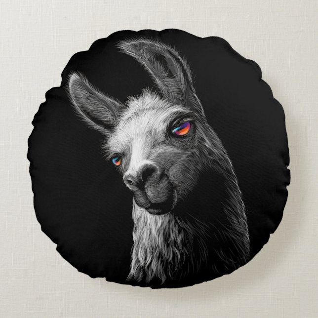 Portrait Head Niedlich Llama auf schwarzem Hinterg Rundes Kissen (Vorderseite)