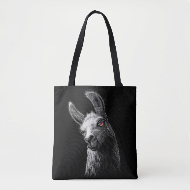 Portrait Head Niedlich Llama auf schwarzem Hinterg Tasche (Vorderseite)