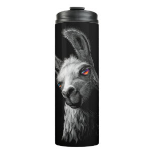 Portrait Head Niedlich Llama auf schwarzem Hinterg Thermosbecher