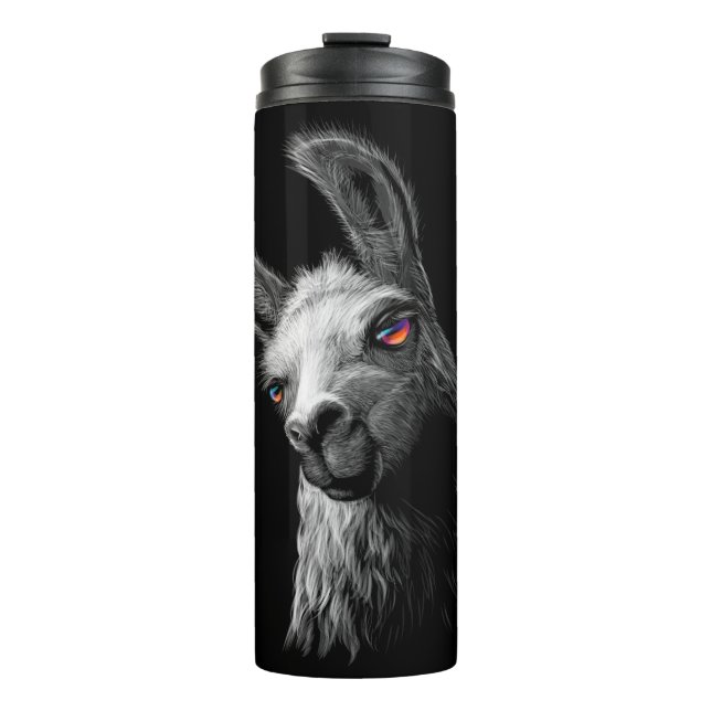 Portrait Head Niedlich Llama auf schwarzem Hinterg Thermosbecher (Vorderseite)