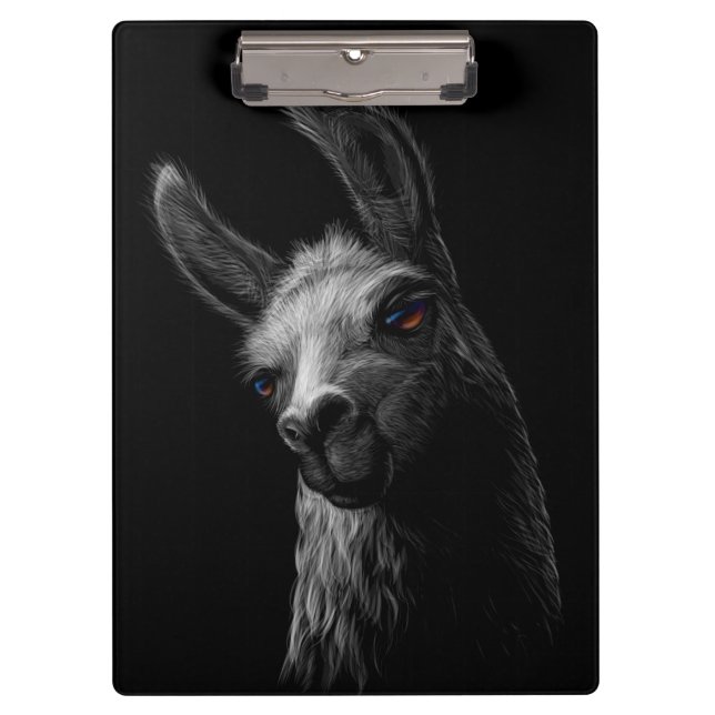 Portrait Head Niedlich Llama mit schwarzem Hinterg Klemmbrett (Vorderseite)