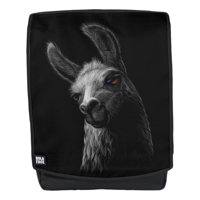Portrait Head Niedlich Llama mit schwarzem Hinterg Rucksack (Vorderseite)