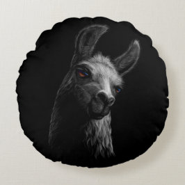 Portrait Head Niedlich Llama mit schwarzem Hinterg Rundes Kissen