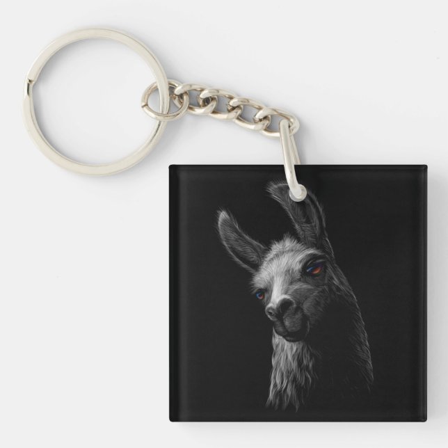 Portrait Head Niedlich Llama mit schwarzem Hinterg Schlüsselanhänger (Vorderseite)