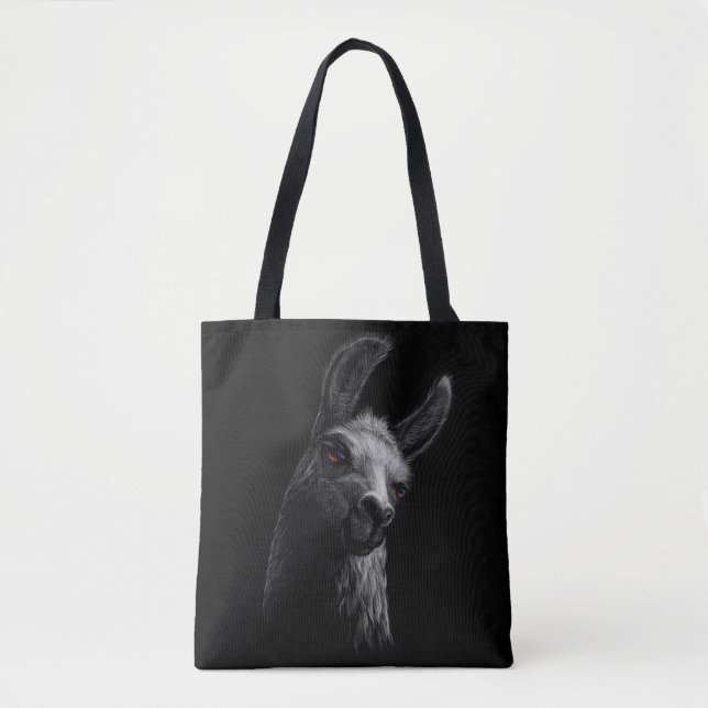 Portrait Head Niedlich Llama mit schwarzem Hinterg Tasche (Vorderseite)