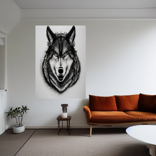 Portrait noir et blanc d'un loup   AI Art Poster