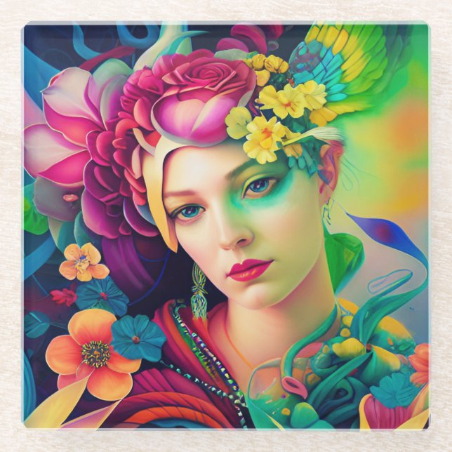 Portrait of a Woman Adorned with Flowers Glasuntersetzer (Vorderseite)