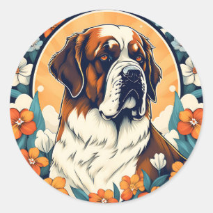 Portrait Saint Bernard Hund mit Blume Runder Aufkleber