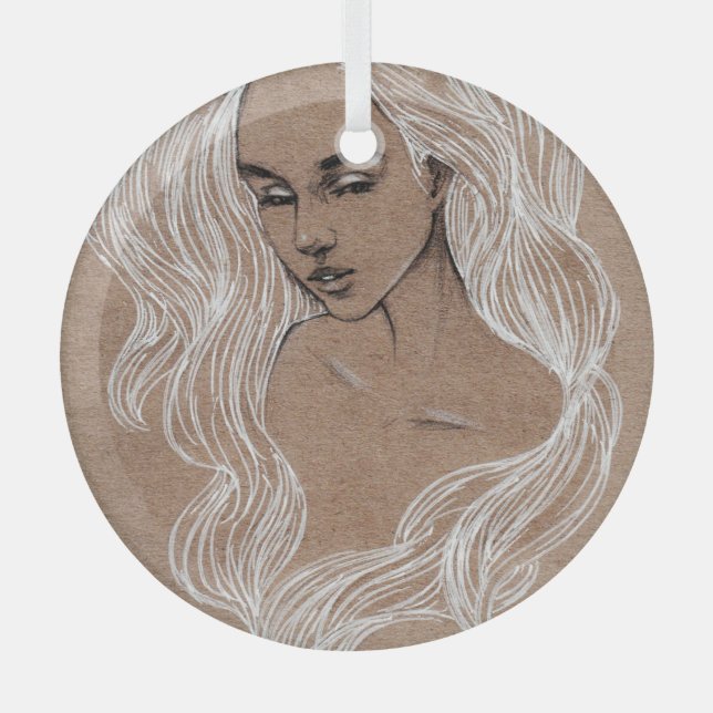 Portrait Sketch: Junge Girl Illustration Ornament Aus Glas (Vorderseite)