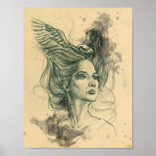 Portrait Vogelschädel und Flügel Surreale Kunst Poster