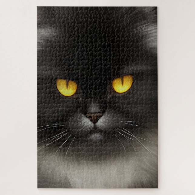 Portrait von Angry Fluffy Black Persian Cat Face (Vertikal)