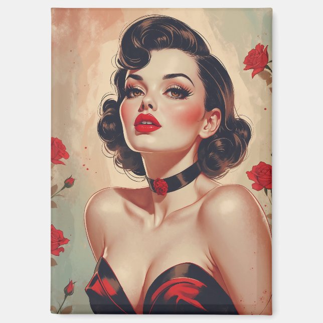 Portrait von brünetten Button-Up-Rote Rosen Magnet (Vorderseite)