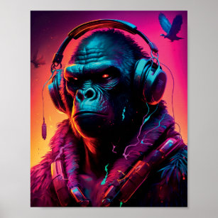 Portrait von Gorilla mit einem Kopfhörer Poster